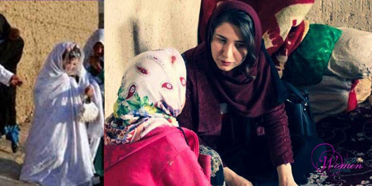 رها، فتاة من إیلام تبلغ من العمر 11 عاماً، أُجبرت على الزواج من رجل يبلغ من العمر 50 عاماً ولدیه سبعة أطفال من زواجه الآخر، مقابل 15 مليون تومان. في هذه الصورة، تظهر رها في ثوب الزفاف (على اليسار) بجوار مغیثة اجتماعية (على اليمين).