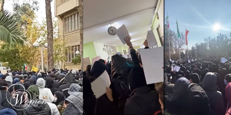 مظاهرات في ثلاث جامعات - من اليمين جامعة فردوسي في مشهد، جامعة العلامة طباطبائي، وجامعة أمير كبير