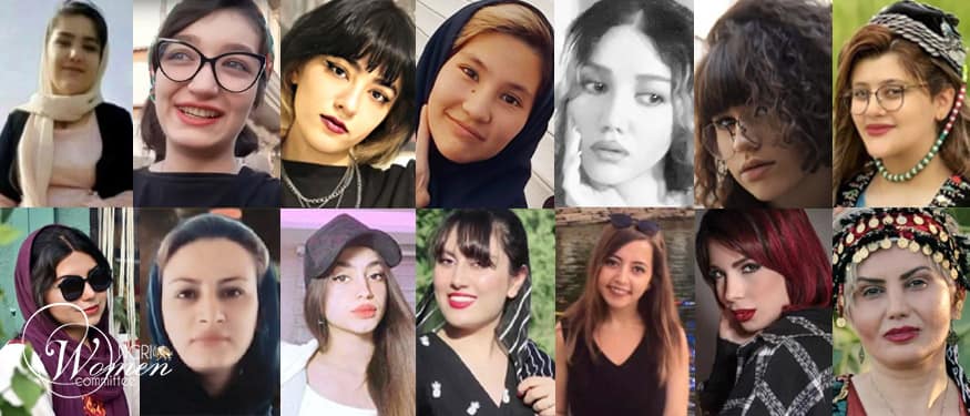 Victimes de coups de matraque – dans le sens des aiguilles d’une montre, en partant du haut à gauche, Sarina Saedi, Sarina Esmailzadeh, Nika Shakarami, Setareh Tajik, Pegah Ghavasieh, Arnika Qaem Maghami, Mahsa Amini, Nasrin Qaderi, Sadaf Movahhedi, Maria Ghavasieh, Negin Abdolmaleki, Mahak Hashemi, Farzaneh Kazemi, Marzieh Ziari.