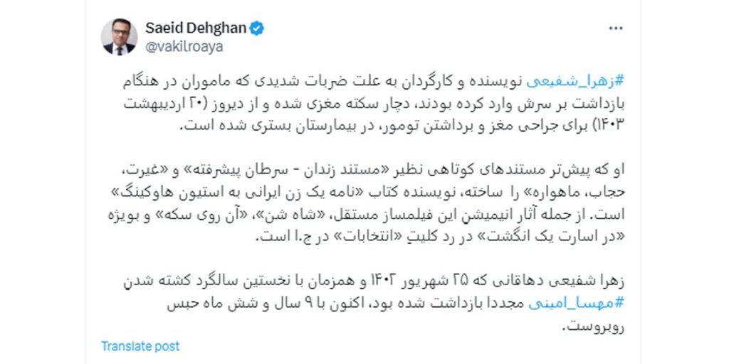 Zahra Shafeii victime d'une attaque cérébrale à la suite de coups portés à la tête lors de son arrestation